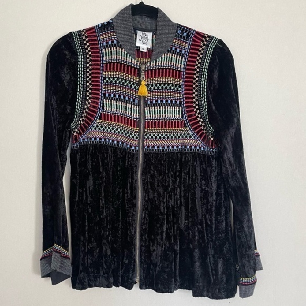 Ivy Jane Black Embroidered Full Zip Velvet Jacket S